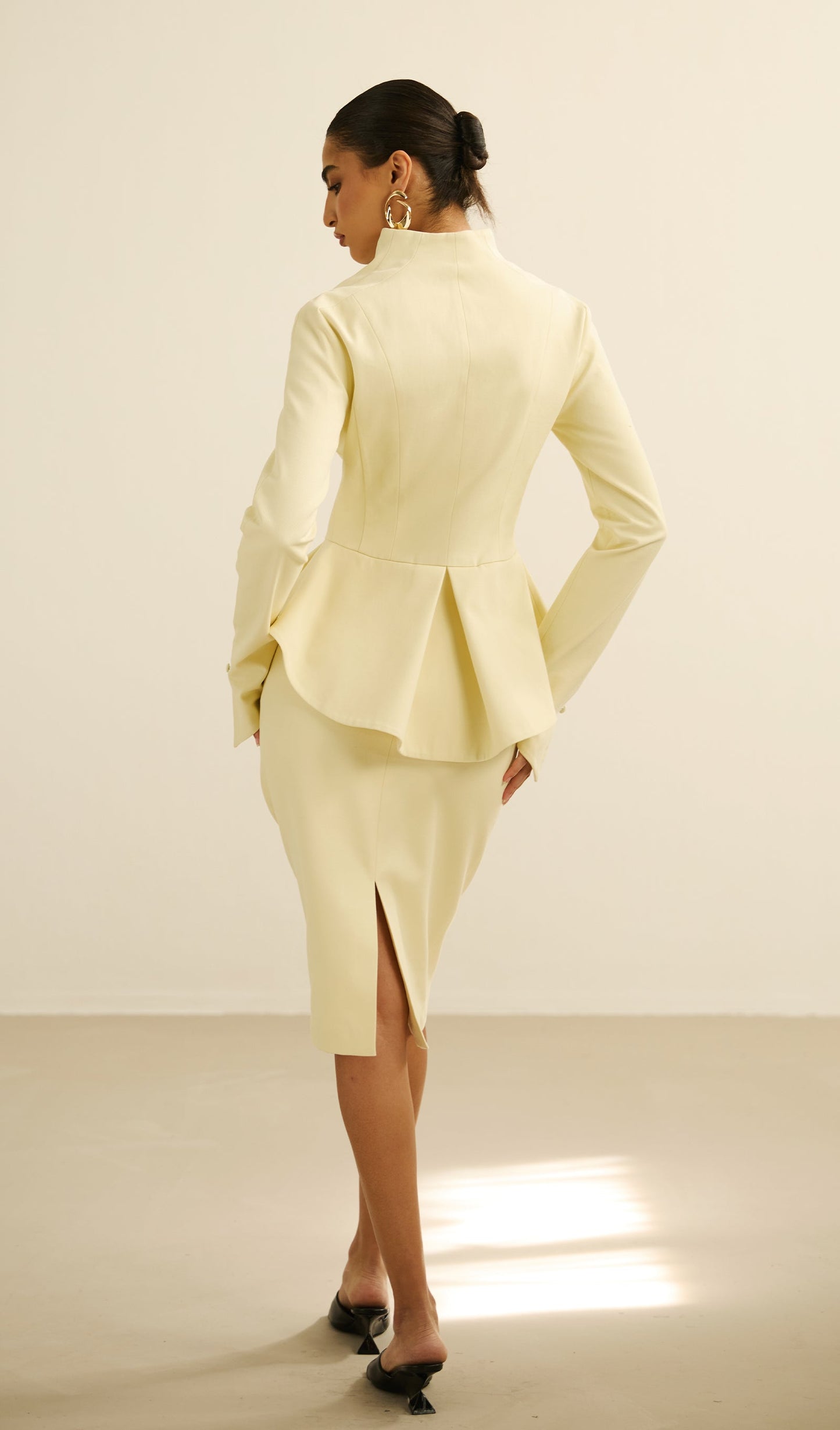 Solid Peplum Jacket & Slit Midi Skirt Set
