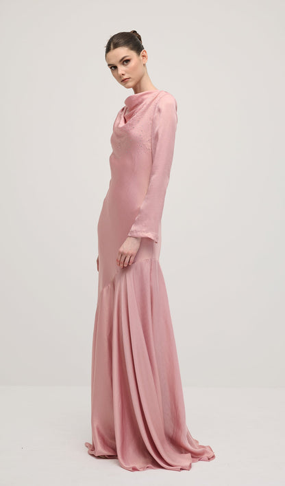 Fitted Satin With Rhinestones Maxi Dress In Pink