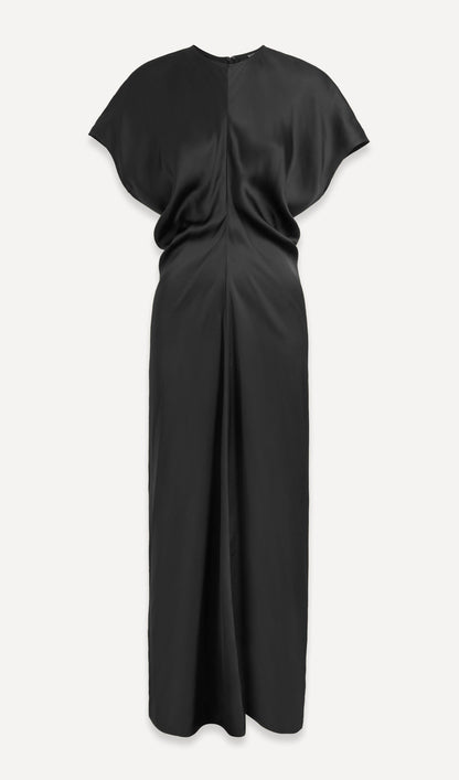 Slouch Waist Satin Midi Dress-Black