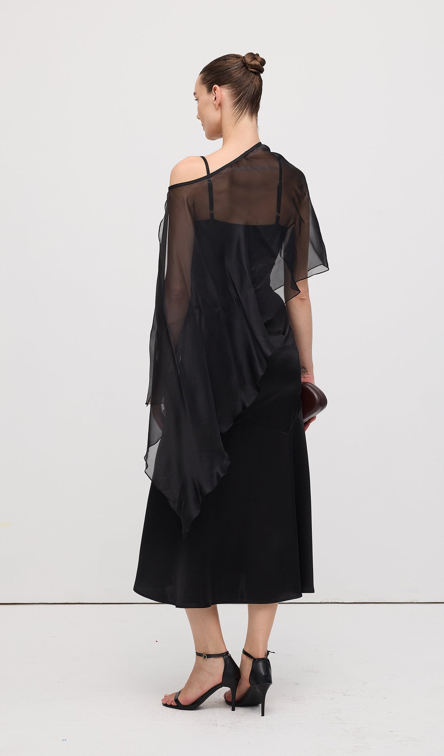 Asymmetric Cape With Satin Midi Dress