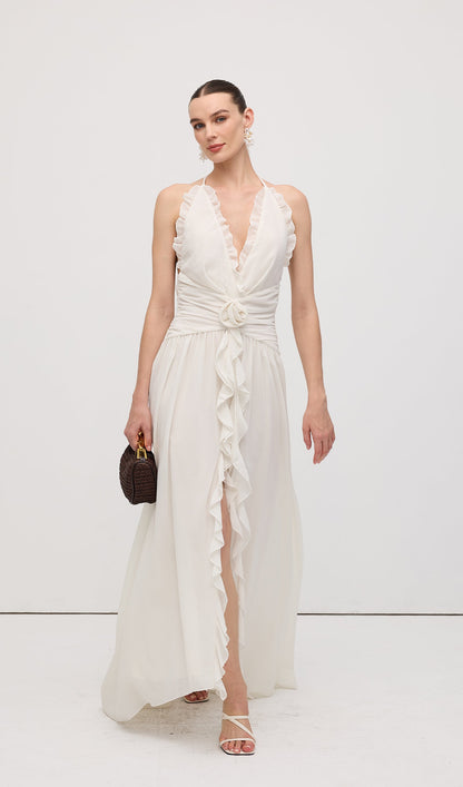 Halter Ruffles Rose Decoration Maxi Dress White
