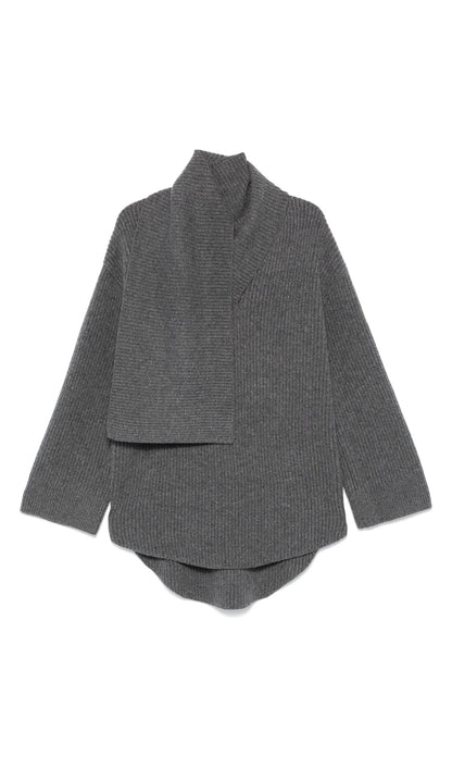 Ribbed-Knit Wool Scarf Sweater In Deep Grey