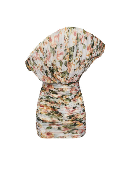 Magda Floral Printed One Shoulder Fan Mini Dress