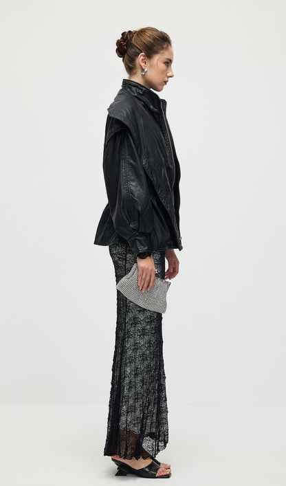 Waisted Lapel Leather Jacket In Black