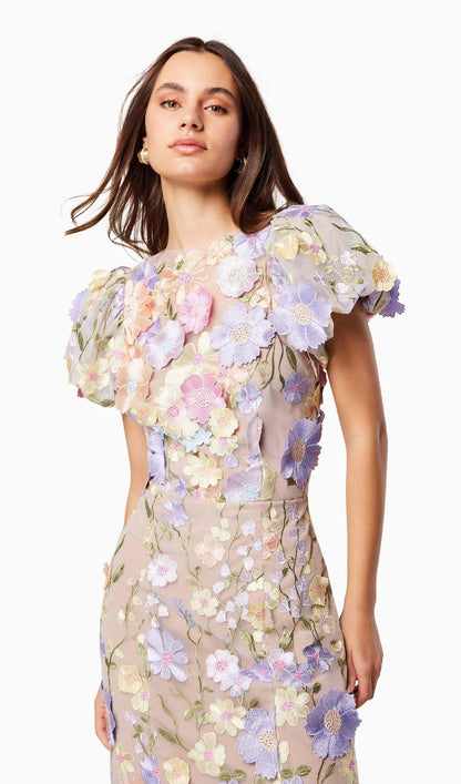 Floral 3D Lace Midi Dress In Purple