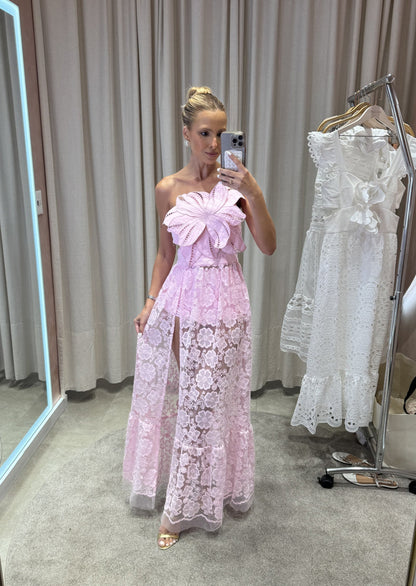 Embroidered Tulle Slit Maxi Dress In Pink