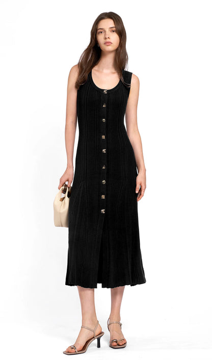 Metallic Button Knit Midi Dress Black