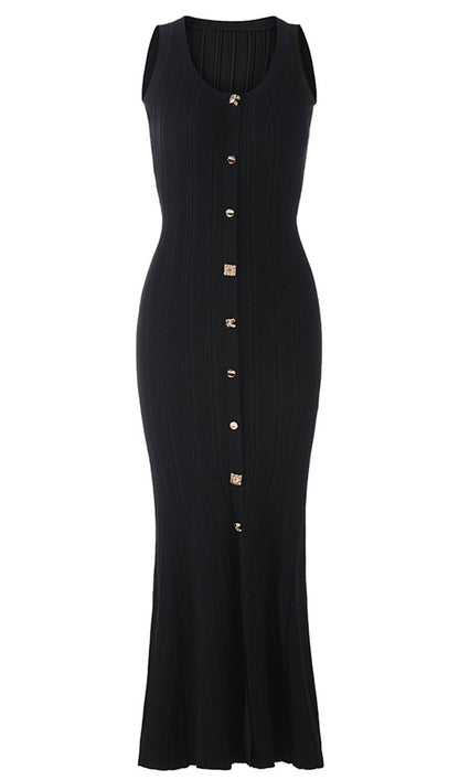 Metallic Button Knit Midi Dress Black