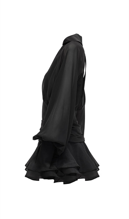 Solid Lantern Sleeve Mini Dress In Black