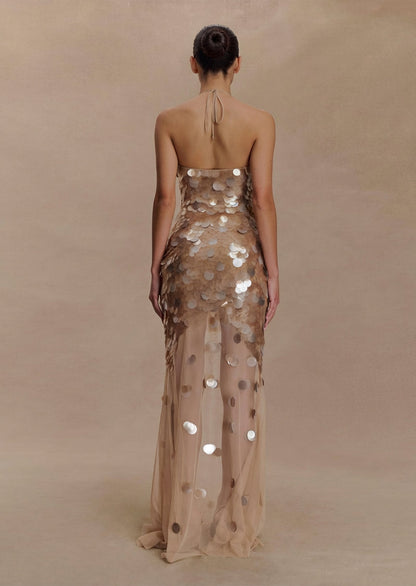 Hand Embellished Maxi Dress In Gold