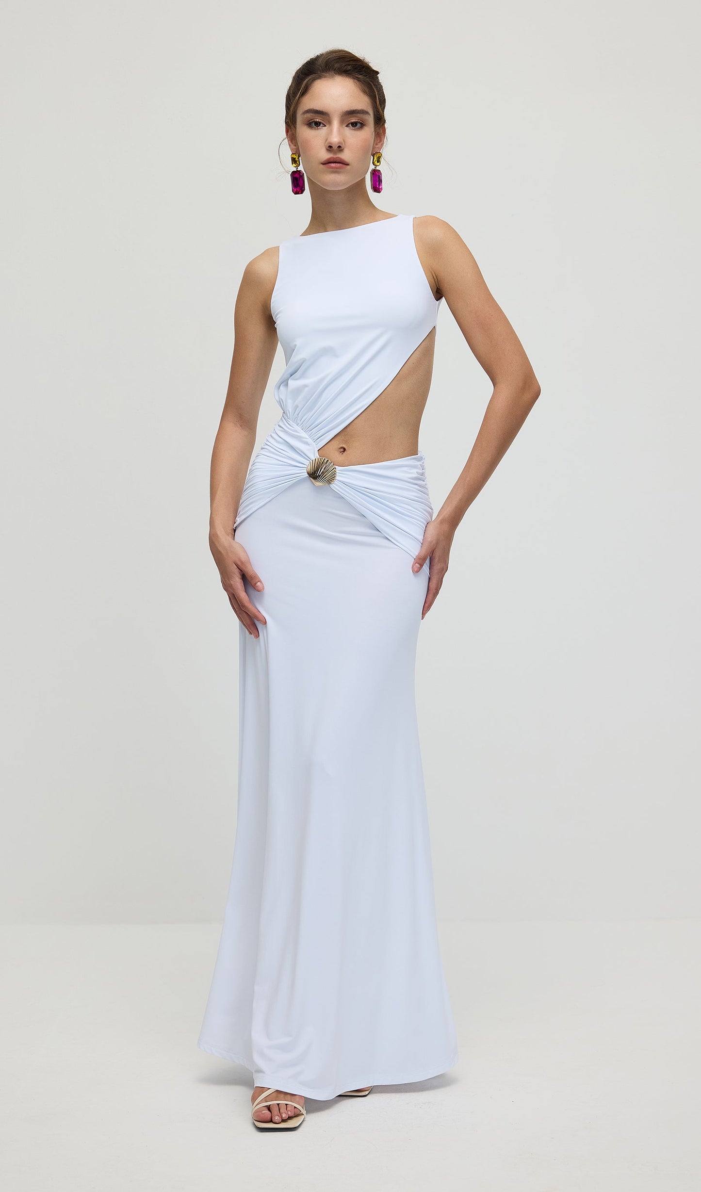 Draping And Shell Decorations Maxi Dress In White