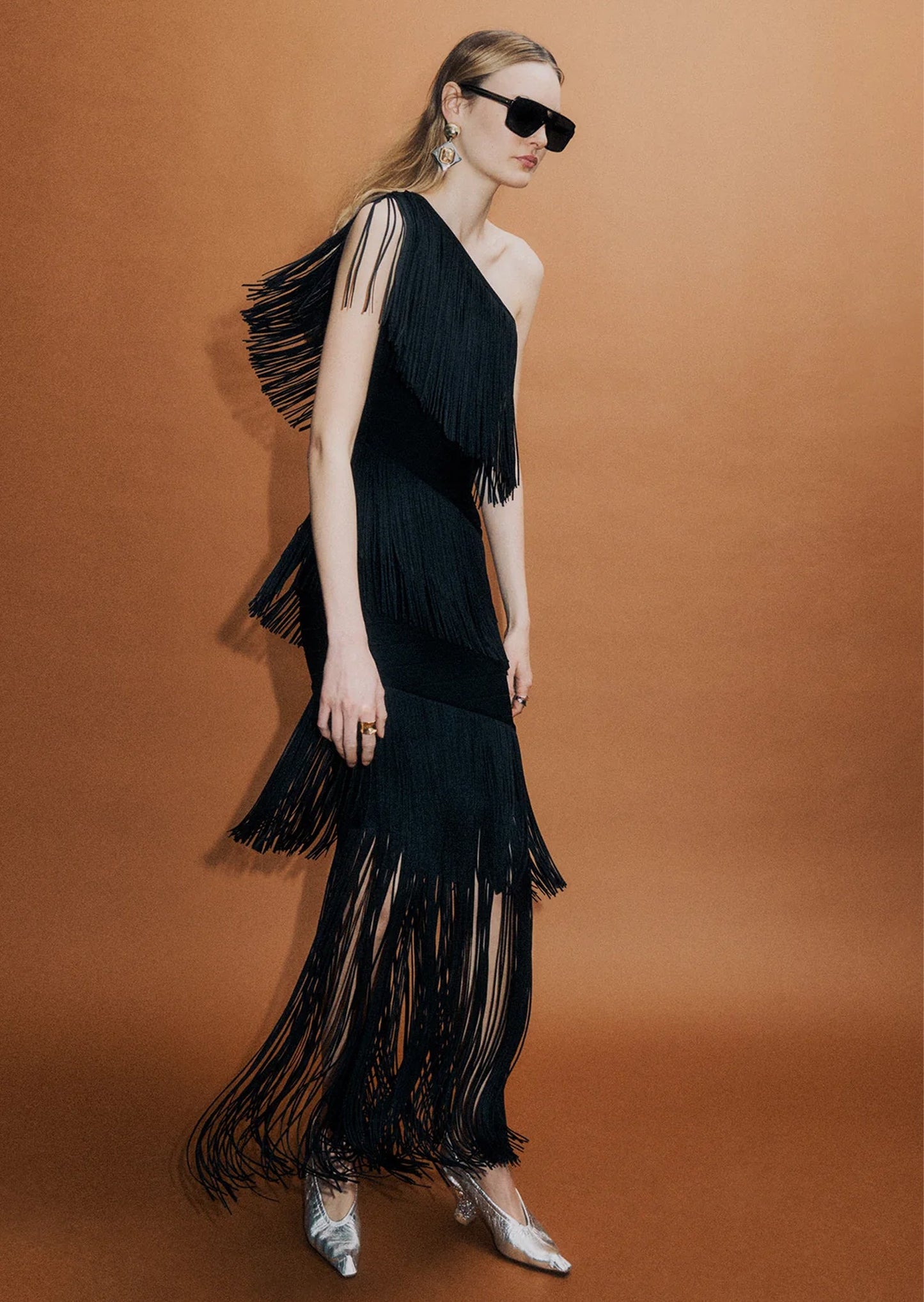 One Shoulder Cascading Fringe Maxi Dress