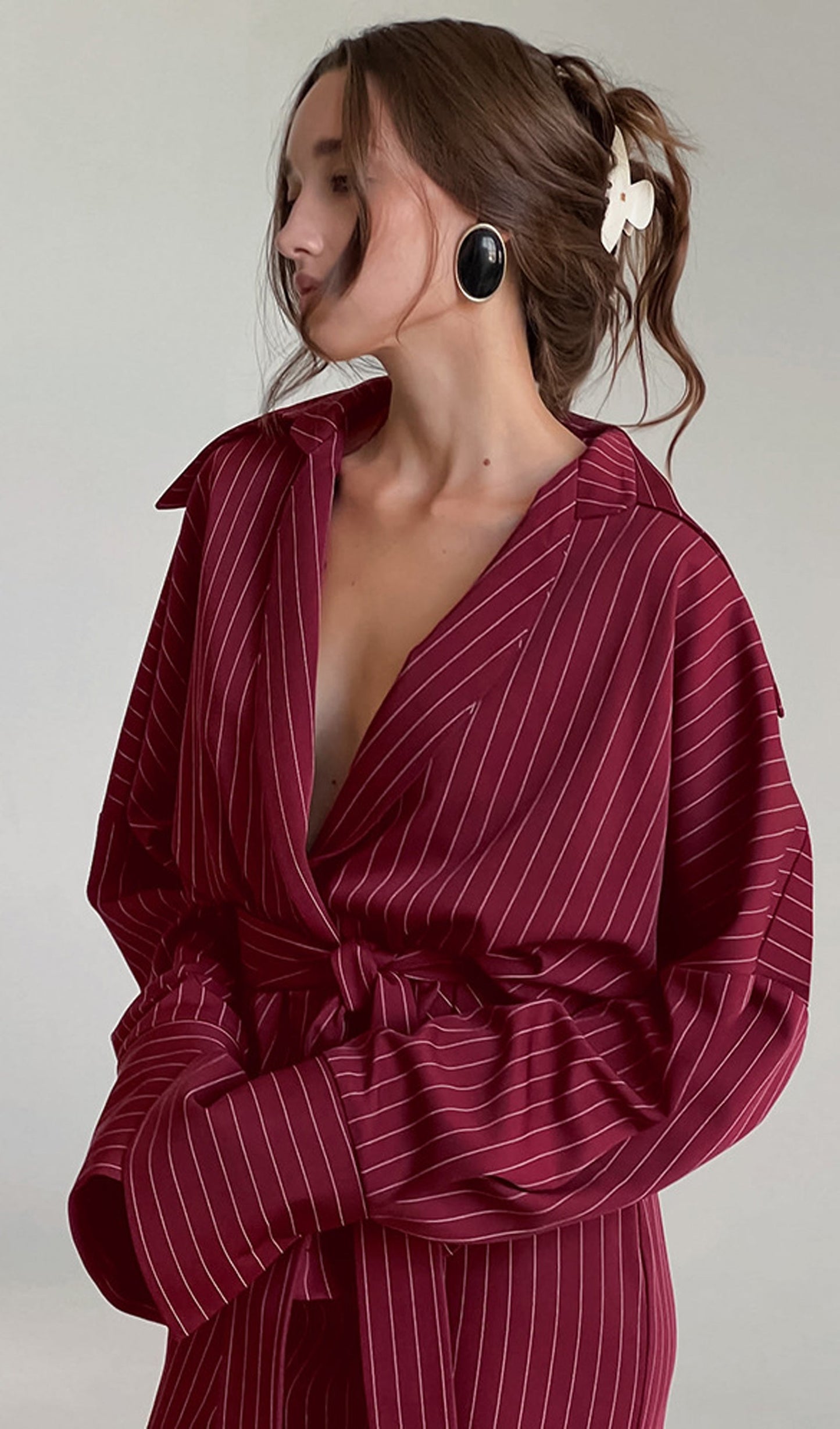 Striped Deep V Neck Tie-Up Maxi Skirt Two Piece Set
