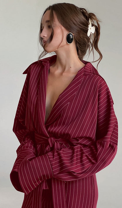 Striped Deep V Neck Tie-Up Maxi Skirt Two Piece Set