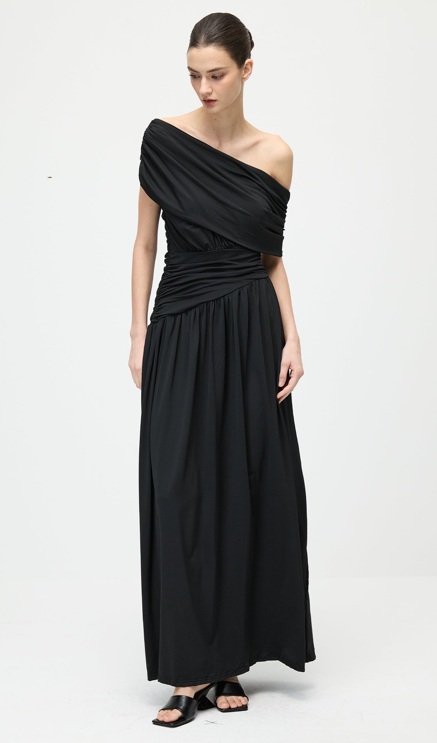 Black Off Shoulder Pleated Maxi Dress