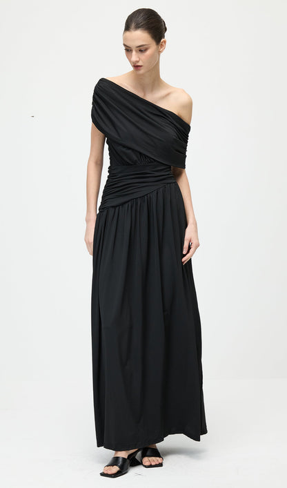 Black Off Shoulder Pleated Maxi Dress