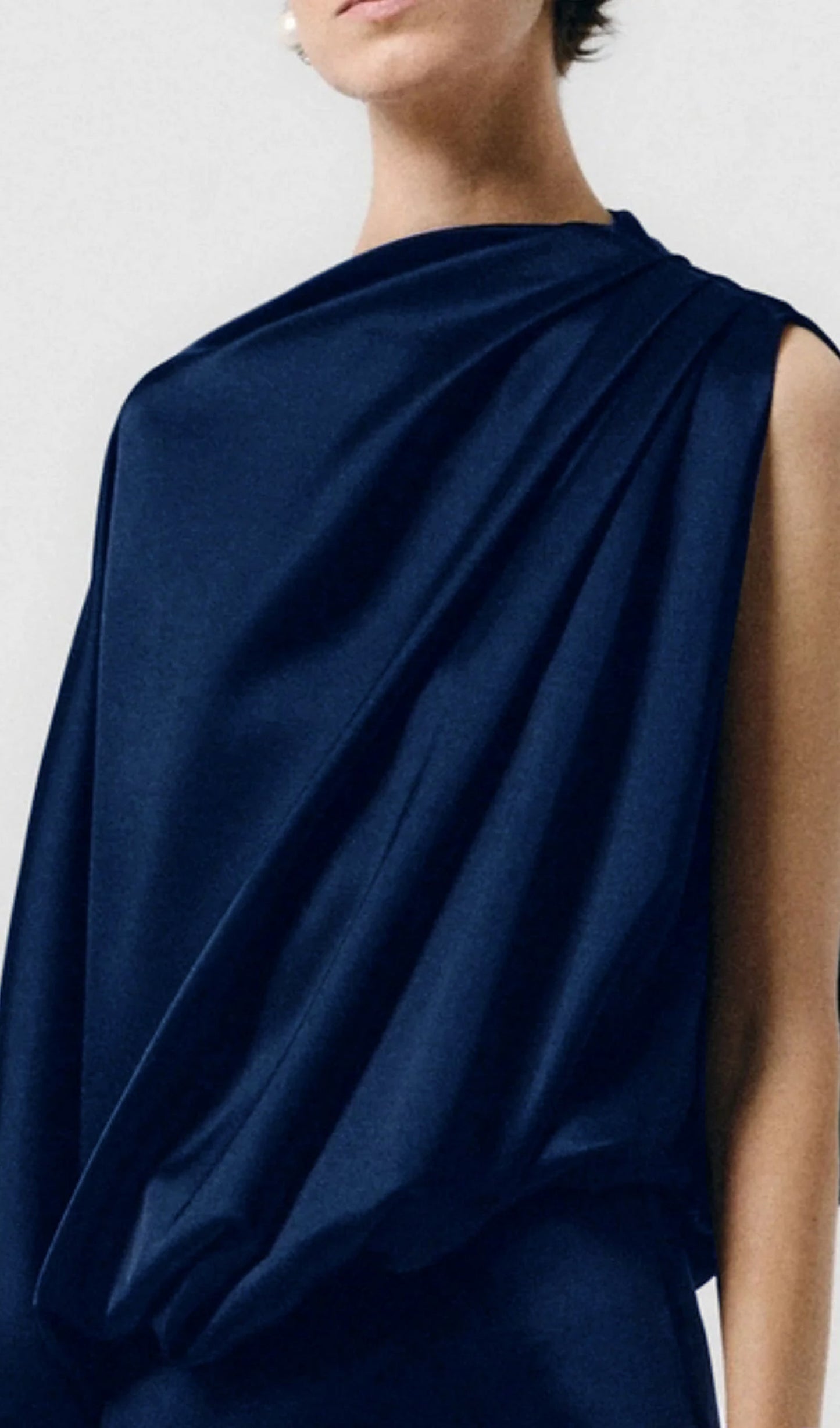 One Sleeve Draped Satin Maxi Dress In Navy