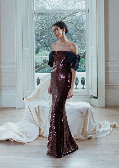 Brown Sequin Bow Maxi Dress