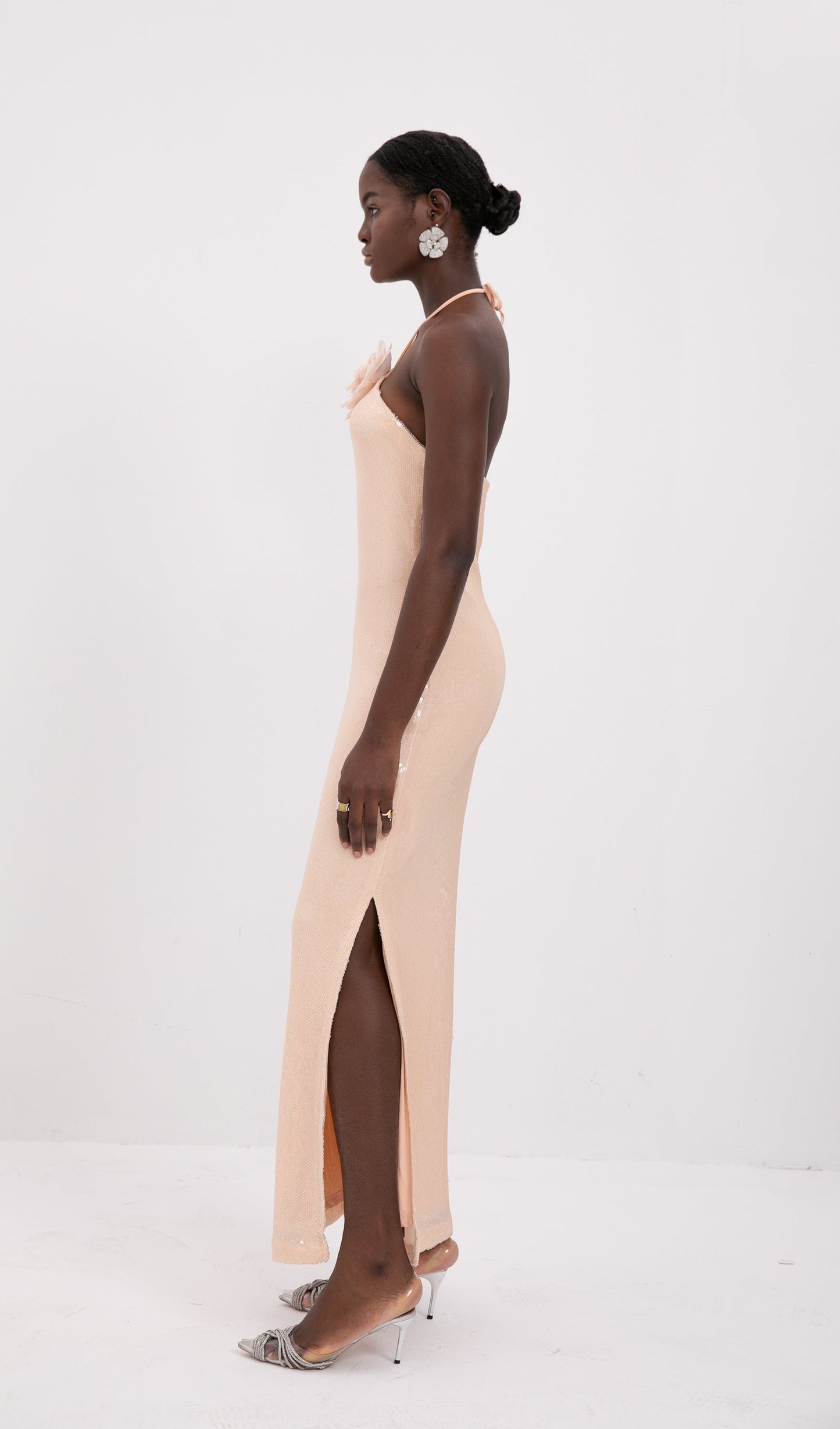 Trendy Floral Halter Neck Sequined Maxi Dress