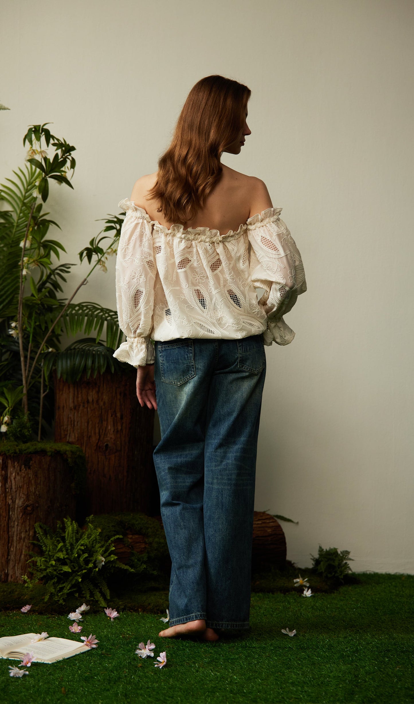 Off Shoulder Ruffled Hollow Out Top