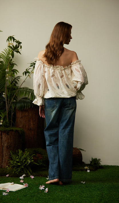 Off Shoulder Ruffled Hollow Out Top
