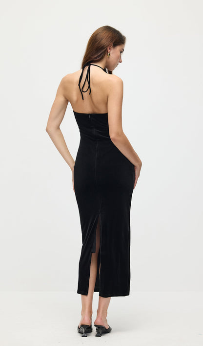 Halter Velvet Embellished Midi Dress