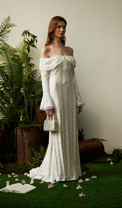 Vintage Floral Lace Off Shoulder Maxi Dress