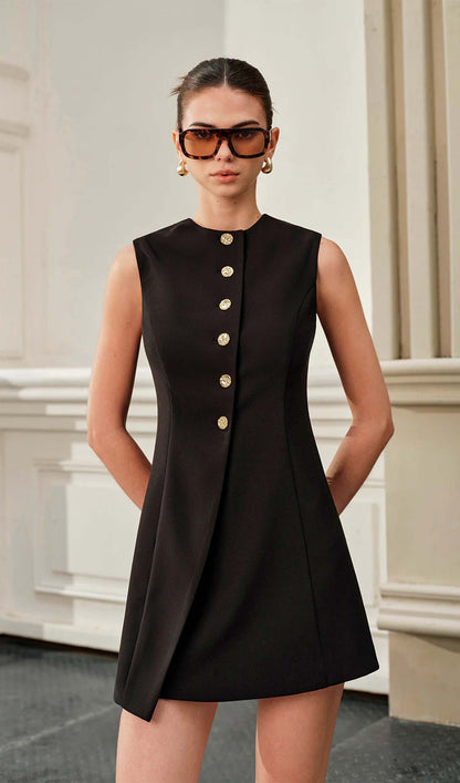 Asymmetrical Tie Back Metal Button Mini Dress