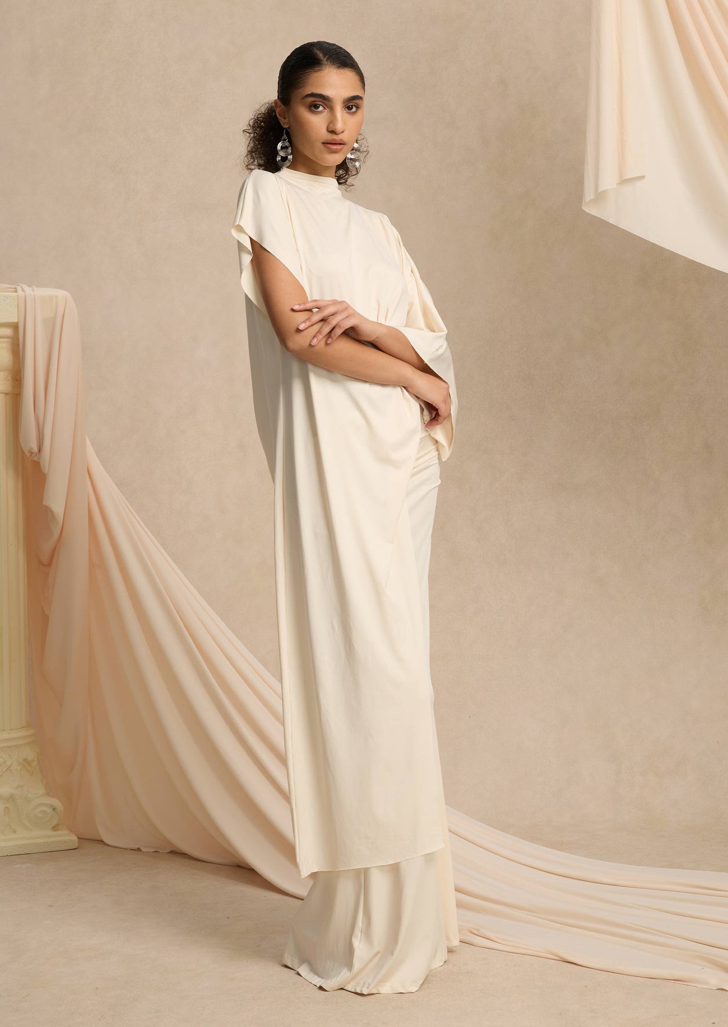 Asymmetrical Blouse & Maxi Skirt With Draped Set