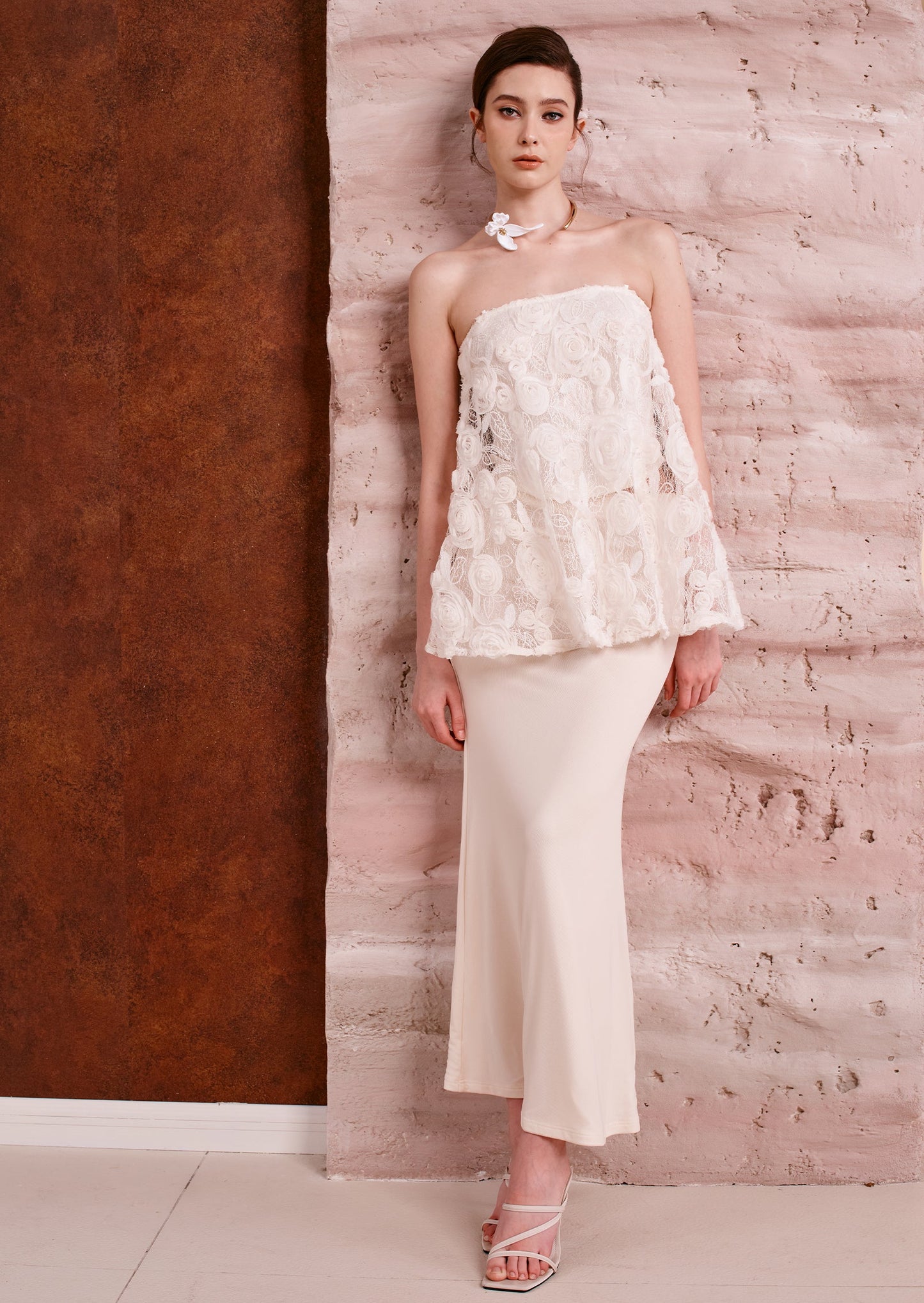 Strapless Bias Maxi Skirt With Rose Embroidery Set