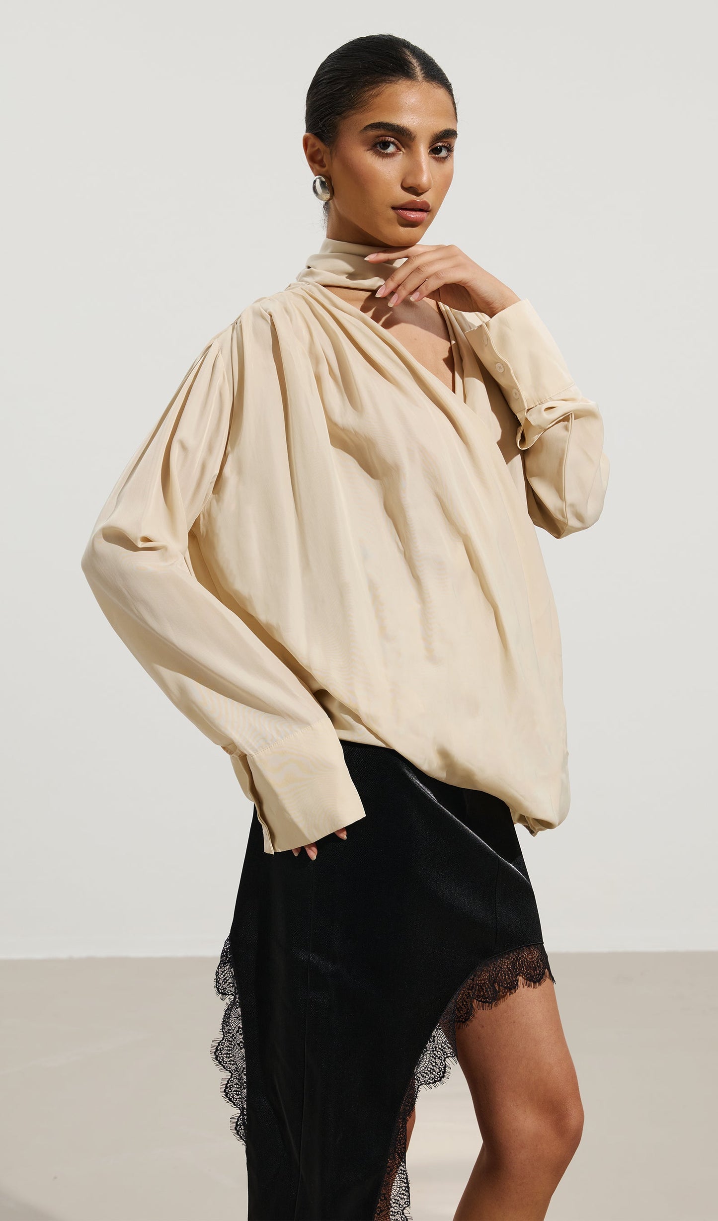 Pleated V-Neck Top & Asymmetrical Lace Skirt Set