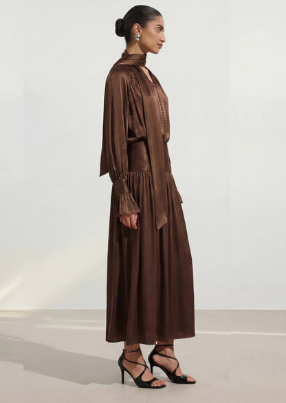 Viscose Midi Dress With Matching Ribbon Scarf In Brown