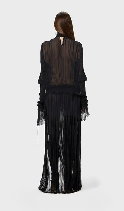 Pleated Silk-Chiffon Slit Maxi Dress In Black