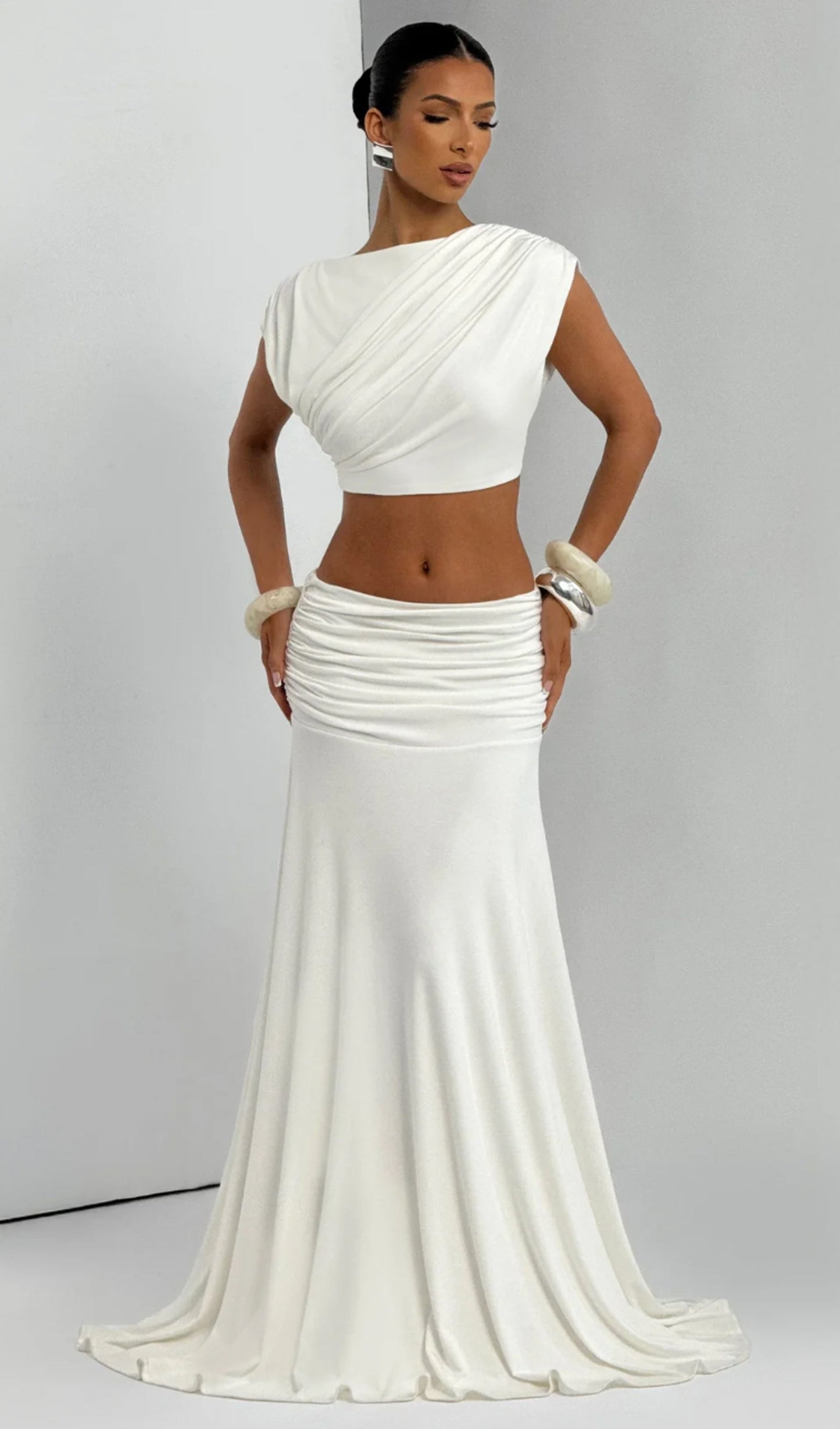 High Boat Neckline & Maxi Drape Skirt Set In Ivory