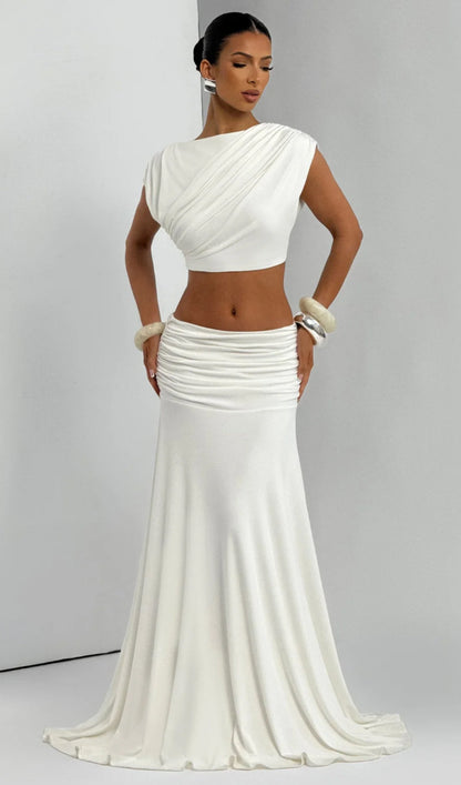 High Boat Neckline & Maxi Drape Skirt Set In Ivory