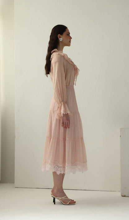Long Sleeved Lace Panel Midi Skirt