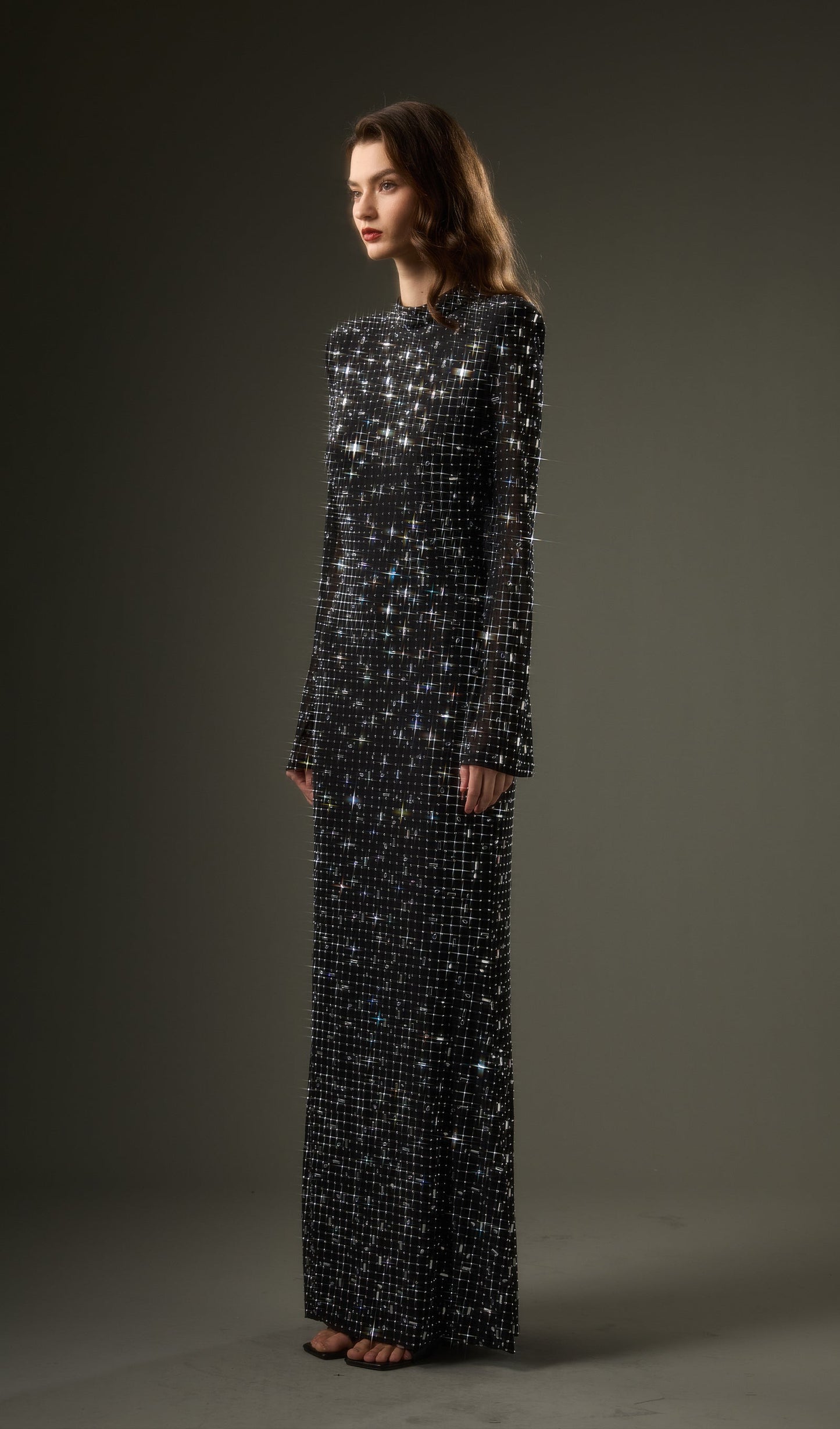 Rhinestone-Embellished Mesh Maxi Dress