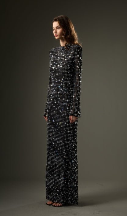Rhinestone-Embellished Mesh Maxi Dress
