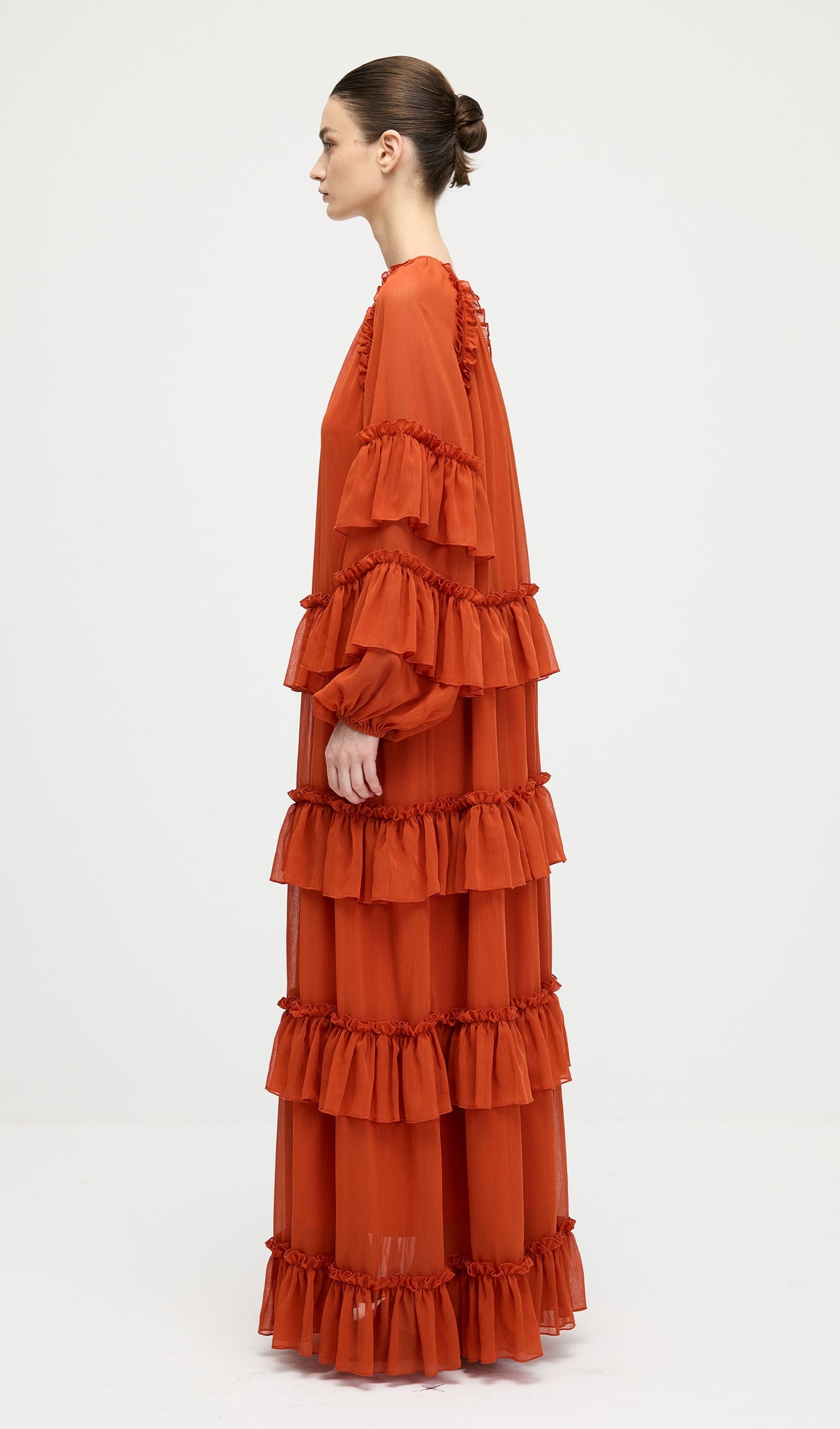 Ruffle Tiered Puff Sleeve Maxi Dress In Orange