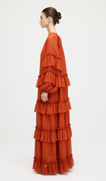 Ruffle Tiered Puff Sleeve Maxi Dress In Orange