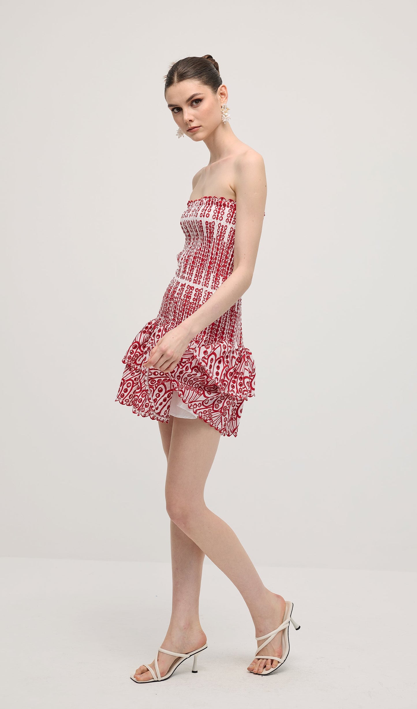 Embroidered Eyelet Cotton Mini Dress In Red