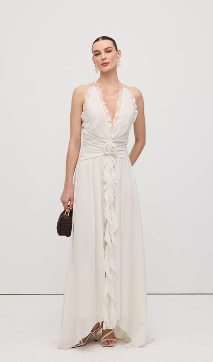 Halter Ruffles Rose Decoration Maxi Dress White
