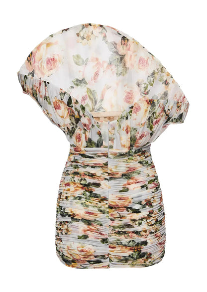 Magda Floral Printed One Shoulder Fan Mini Dress