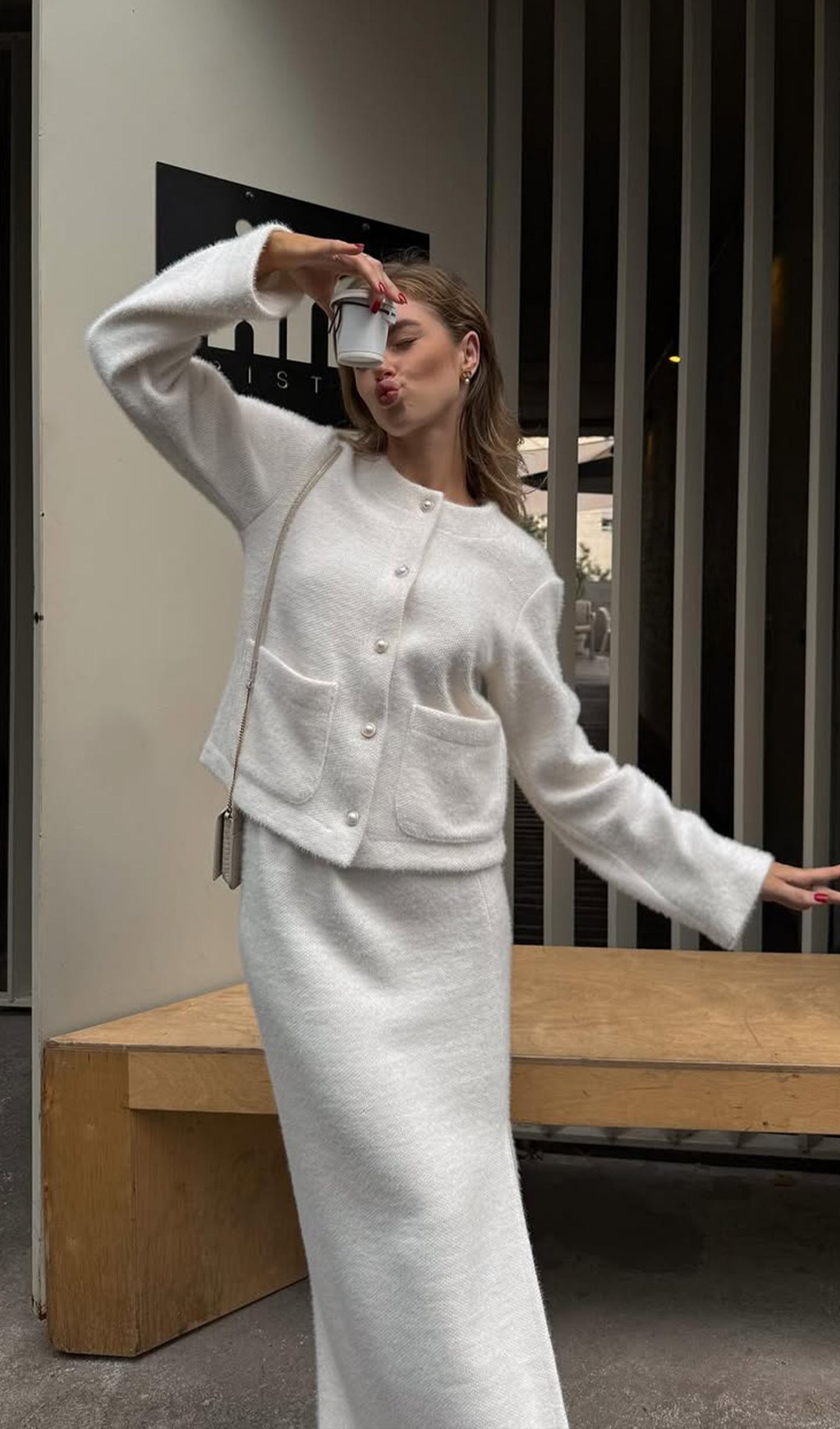 Long Sleeved Top And Slit Skirt Knit Set