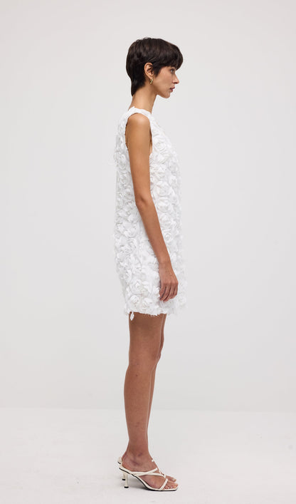 Solid 3D Floral Mesh Overlay Mini Dress