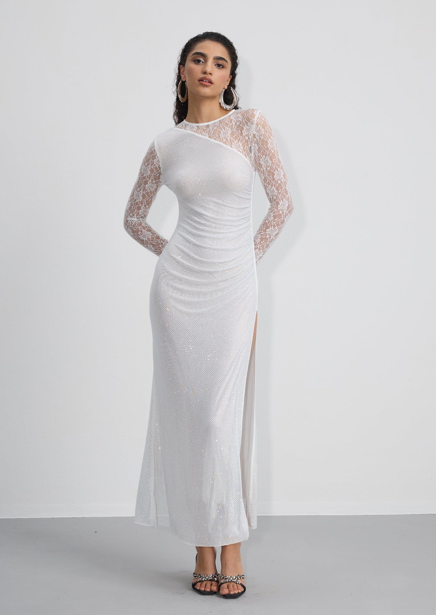 Rhinestone Lace Sleeves Maxi Dress In White