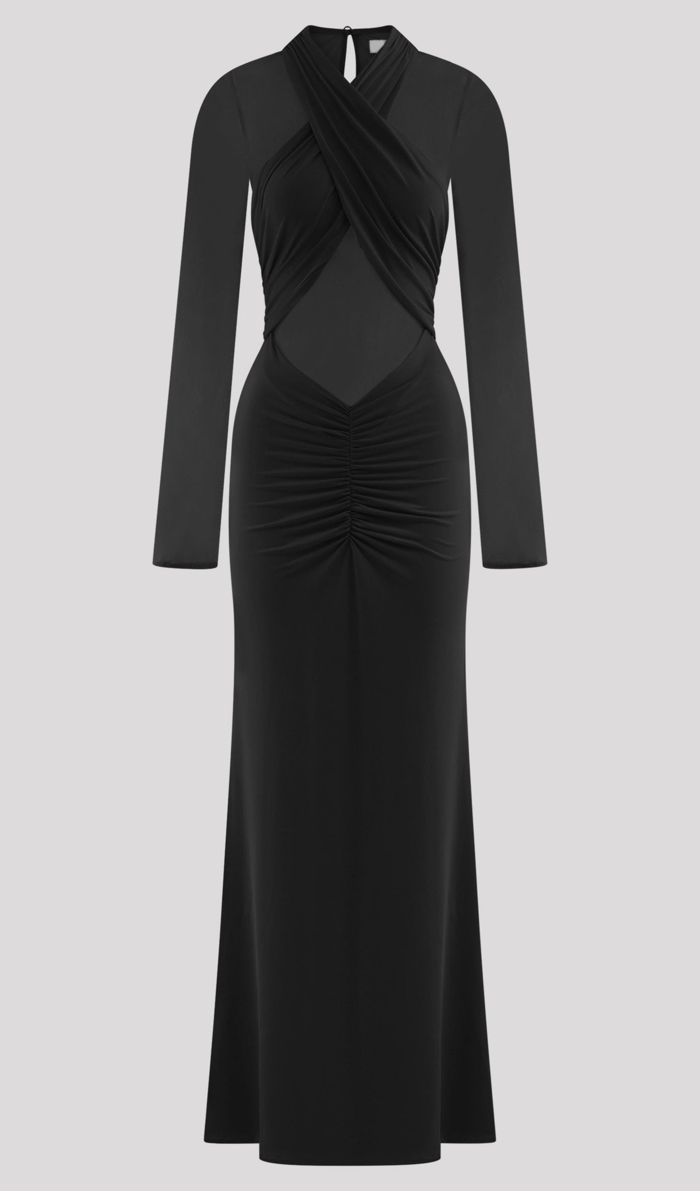 Slinky And Mesh Long Sleeve Maxi Dress In Black
