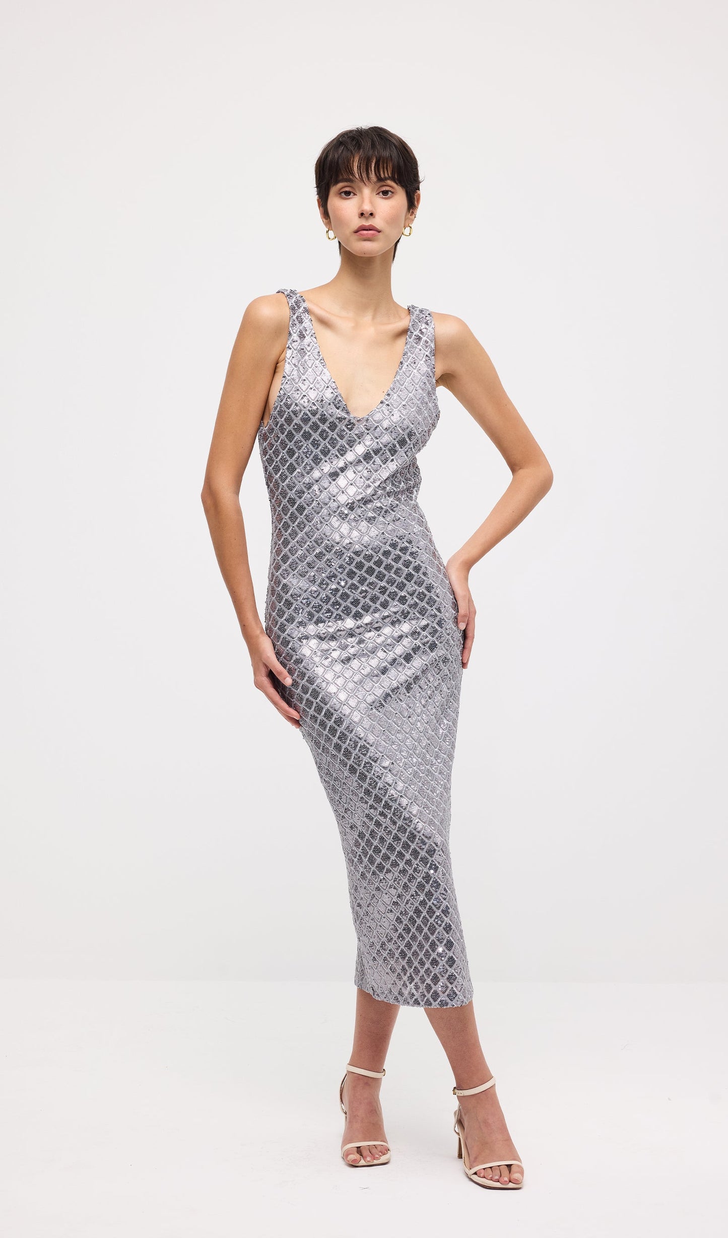 Sleeveless Embellished V Neck Midi Dress