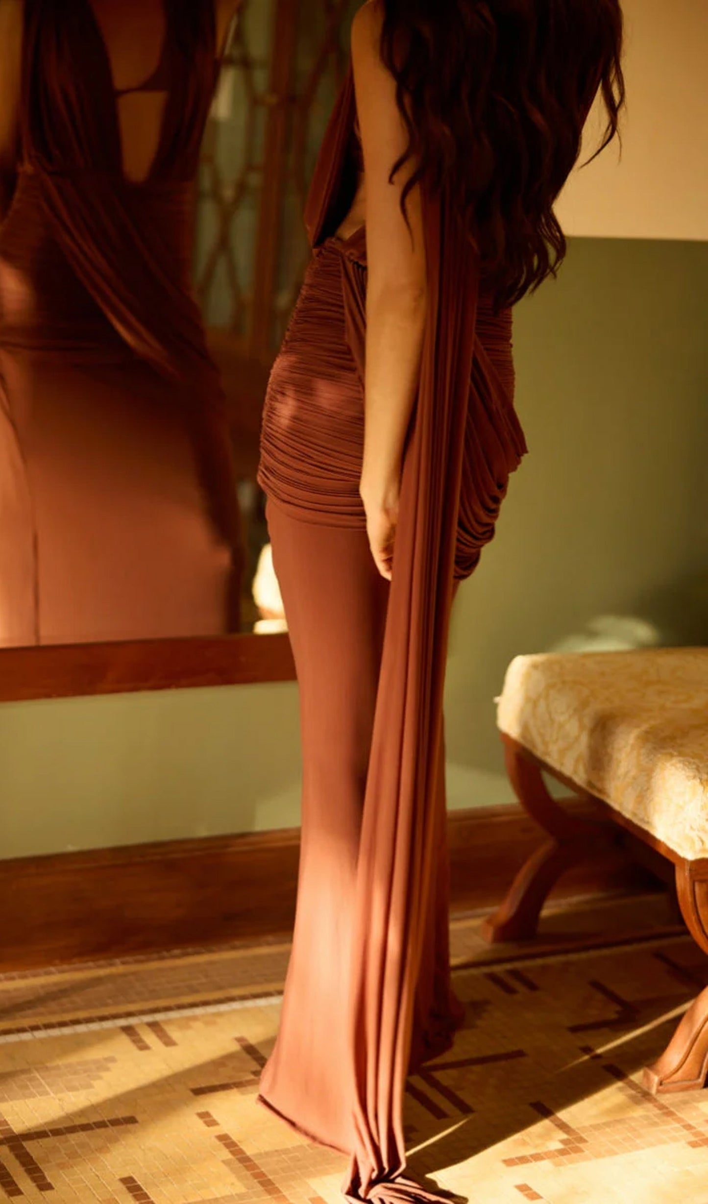 Layali Rose Deep V Neck Pleated Maxi Dress