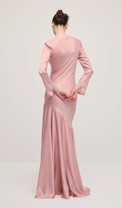 Fitted Satin With Rhinestones Maxi Dress In Pink